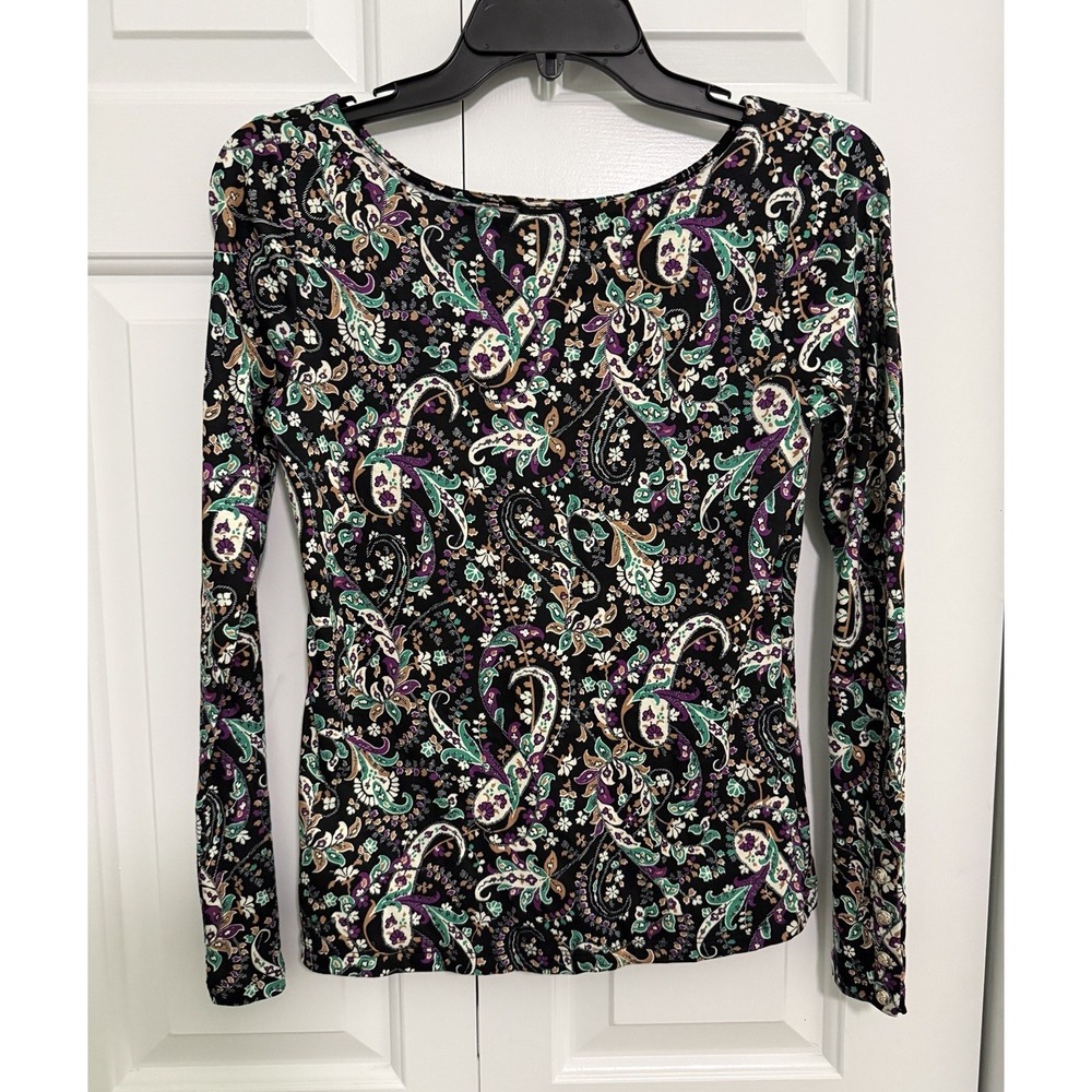 Ann Taylor Multi Paisley Blouse Women's Small Long‎ Sleeve Button Cuffs Stretch